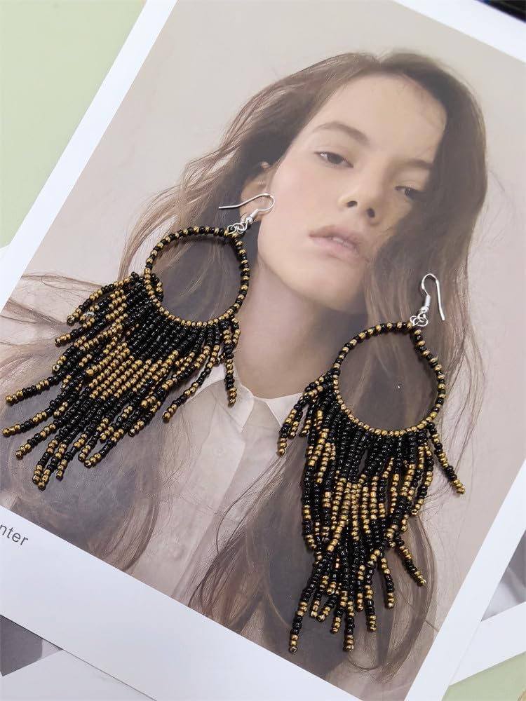 Dtja Boho Long Fringe Drop Dangle Statement Earrings for Women Girls Hademade Ball Beads Hoop Tassel Chain Woven Dangling Hook Chandelier Tribal Exaggerated Dream-catcher Jewelry - Image 4